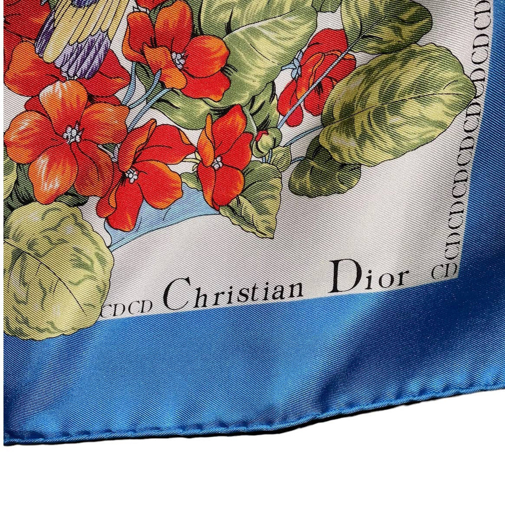Christian Dior 32” Square 100% Silk Scarf Blue Multicolored Birds & Floral Print - Picture 6 of 16